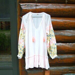 Free People Mix it Up Boho Contrast Tunic Dress Top Pink Combo SZ S